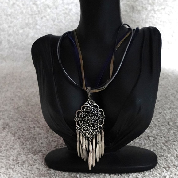 Jewelry - Boho Silver Tone Filigree Dangle Pendant Multi Strand Cord Necklace